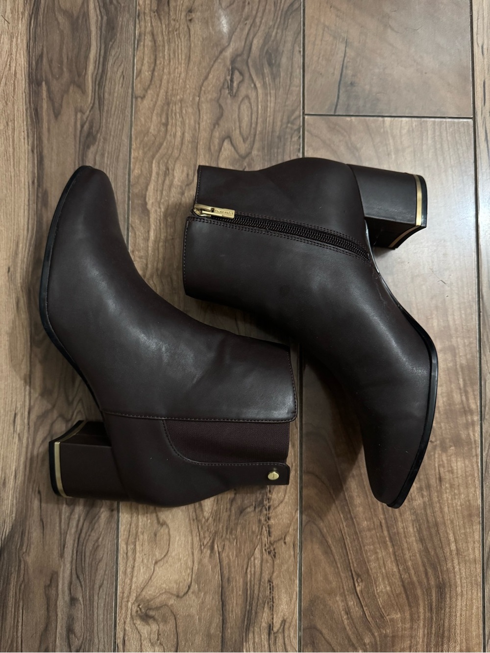Calvin Klein Dark Brown Ankle Booties with Gold Accents